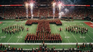 Marching band Texas Tech membentuk huruf T ganda di pertunjukan setengah waktu stadion