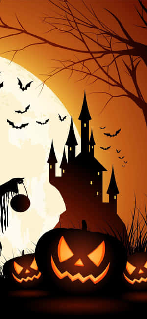Abóboras iluminadas na frente de um castelo assombrado sob uma lua cheia com morcegos voando. — Halloween Grunge Foto Papéis de Parede