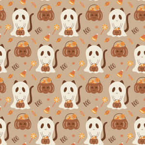 Fantasmi di gatti carini che tengono cesti di zucca con caramelle di mais e testo BOO. — Cartone animato Halloween Sfondi