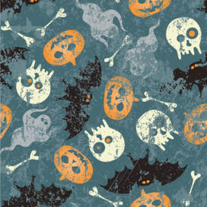 Motif sur le thème d'Halloween avec des fantômes, des crânes, des chauves-souris et des os sur un fond bleu sarcelle.