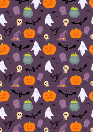 Papel de parede temático de Halloween com abóboras, fantasmas, morcegos e lápides em fundo roxo. — Neon Halloween Papéis de Parede