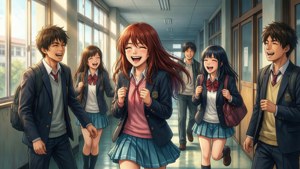 Sawako tertawa bersama teman-teman di lorong sekolah, wallpaper Kimi ni Todoke