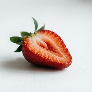 Primo piano di una fragola tagliata a metà che ne rivela la consistenza.
