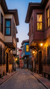 Historiska Hamamönü-distriktet i skymning med ottomanska hus