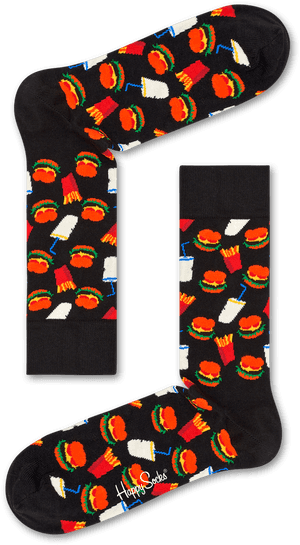Black socks with colorful fast food pattern including burgers fries and milkshakes.