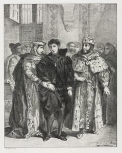 Hamlet by Eugène Delacroix, created 1834, in lithograph. Download this artwork as a high-resolution wallpaper for desktop, tablet, or mobile. — Eugène Delacroix Wallpaper