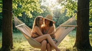 Due donne che fanno un pisolino in un'amaca in una foresta soleggiata, relax estivo.