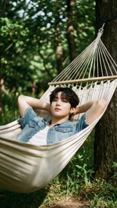 Papel de parede de verão tranquilo de Tae Hyung relaxando em uma rede.