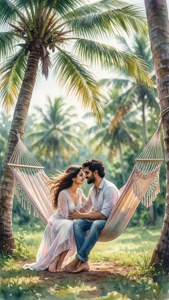 Stel in een hangmat tussen kokospalmen in Kerala