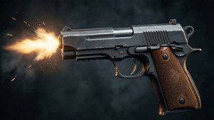 A realistic handgun with a bright muzzle flash against a dark background.