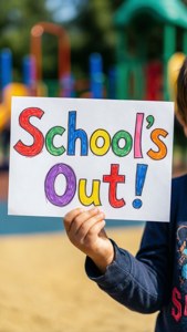 La mano de un niño sostiene un colorido cartel de 'School's Out!' contra un fondo de parque infantil borroso.