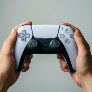 Uno scatto minimalista di mani che tengono un controller PS5