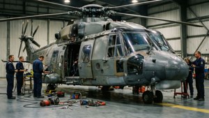 NH90 di hangar dengan kru perawatan