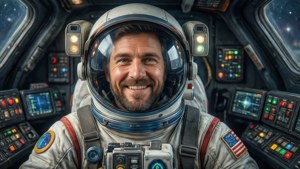 Smilende astronaut i cockpit med mange knapper og stjerner udenfor