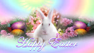 White Easter bunny with colorful eggs and pink flowers under rainbow light. — Happy Easter Background