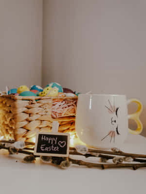 Easter decorations including a bunny mug, colorful eggs, and willow branches with fairy lights. — Happy Easter Background