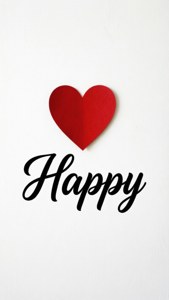 Minimalistinen typografia, jossa on punainen sydän ja teksti 'Happy'.