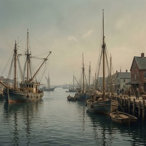 En livlig havnescene med båter og havnearbeidere i Platts tonale palett