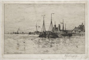 Harlingen by Robert Swain Gifford, created 1884, in etching. Download this artwork as a high-resolution wallpaper for desktop, tablet, or mobile.