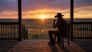 Cowboy speelt mondharmonica op een veranda met uitzicht op een prairie zonsondergang.