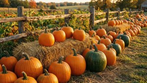 Rows of pumpkins on hay bales in a fenced autumn field at sunset. — Aesthetic Fall Wallpaper