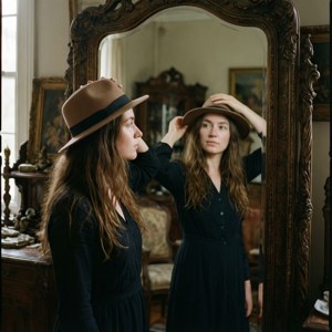 Donna che regola il cappello in uno specchio ornamentale, espressione serena, stanza antica.