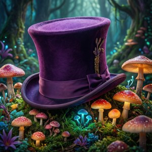 Willy Wonka's hoed te midden van gloeiende paddenstoelen in een betoverd bos.