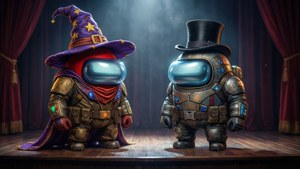 Two crewmates with different hats face off on stage