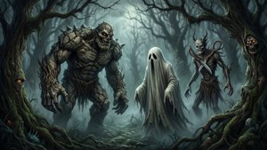 Et mørkt fantasiscene med steingolem, papirspøkelse og sakseelement i en hjemsøkt skog.