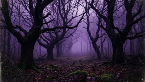 Dark purple grunge forest with mist and bare trees