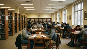A quiet interior of an HBCU library with students studying among bookshelves.