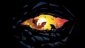 Godzilla et un monstre volant combattent dans un coucher de soleil flamboyant vu à travers une grotte.