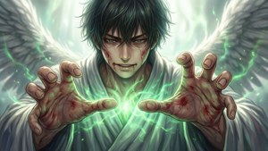 Yuta usando técnica de maldición inversa, wallpaper de anime angelical