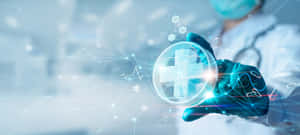 Læge holder glødende holografisk medicinsk symbol med digitale sundhedsdata flydende omkring — Læge Wallpapers