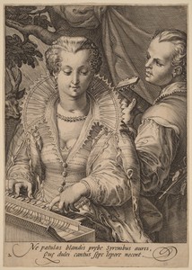 Hearing by Jan Saenredam, created c. 1595, in engraving on laid paper. Download this artwork as a high-resolution wallpaper for desktop, tablet, or mobile. — Jan Saenredam Wallpaper