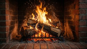 Cozy fireplace with crackling logs and glowing embers in a brick hearth. — Burn Background