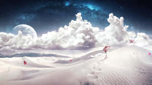 A person with a pink umbrella walks through a snowy desert under a starry sky with a large moon. — Cloudy Wallpaper