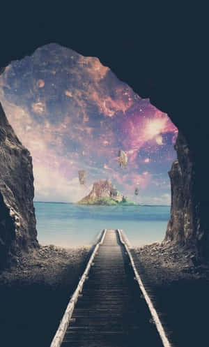 Wooden pier leading to a glowing island under a cosmic sky visible through a cave. — Nature Landscape Picture