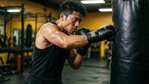 Man boxing on heavy bag in gym — Alex Perez Wallpaper