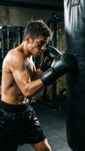 Petinju intens memukul karung di gym yang kumuh.