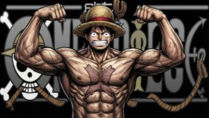 Strong Chopper heavy point flexing met One Piece logo achtergrond behang.