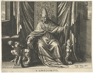 Heilige Gregorius by Adriaen Collaert, created 1570 - 1618, in paper; engraving. Download this artwork as a high-resolution wallpaper for desktop, tablet, or mo — Adriaen Collaert Wallpaper