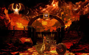 A rider on a motorcycle stands before a burning archway in a fiery wasteland. — Mystical Dragon Picture