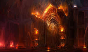 Entrada de catedral gótica iluminada por fogo em um espaço escuro e cavernoso. — Imagens de Flames Papéis de Parede