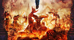 A demonic battle scene with fiery chaos and warriors fighting monsters. — Satan Wallpaper