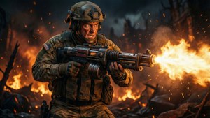 Intensiver Vanguard-Soldat feuert Flammenwerfer in Nachtschlacht