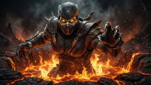 Scorpion surge do fogo do inferno neste papel de parede épico de Mortal Kombat X