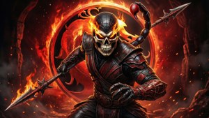 Scorpion ready to strike with his spear in a hellfire dimension.