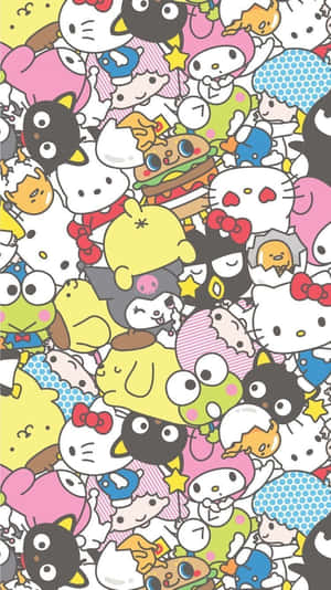 Papel de parede com personagens Sanrio repetidos em cores vivas. — Hello Kitty And Friends Aesthetic Papéis de Parede