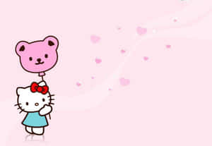 Hello Kitty holding a pink bear balloon with floating hearts on a pink background. — Hello Kitty Laptop Picture